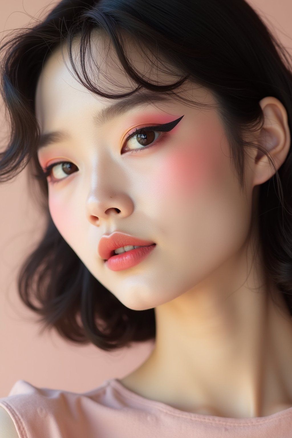 close-up of Model with a retro 60s makeup vibe, featuring thick eyeliner and pastel eyeshadow, paired with a vintage hairstyle. set against a soft, pastel background