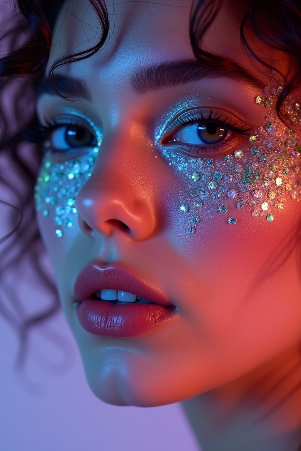 close-up of Artistic makeup with face jewels and iridescent highlighter, captured under a UV light for a glowing effect. set against a soft, pastel background