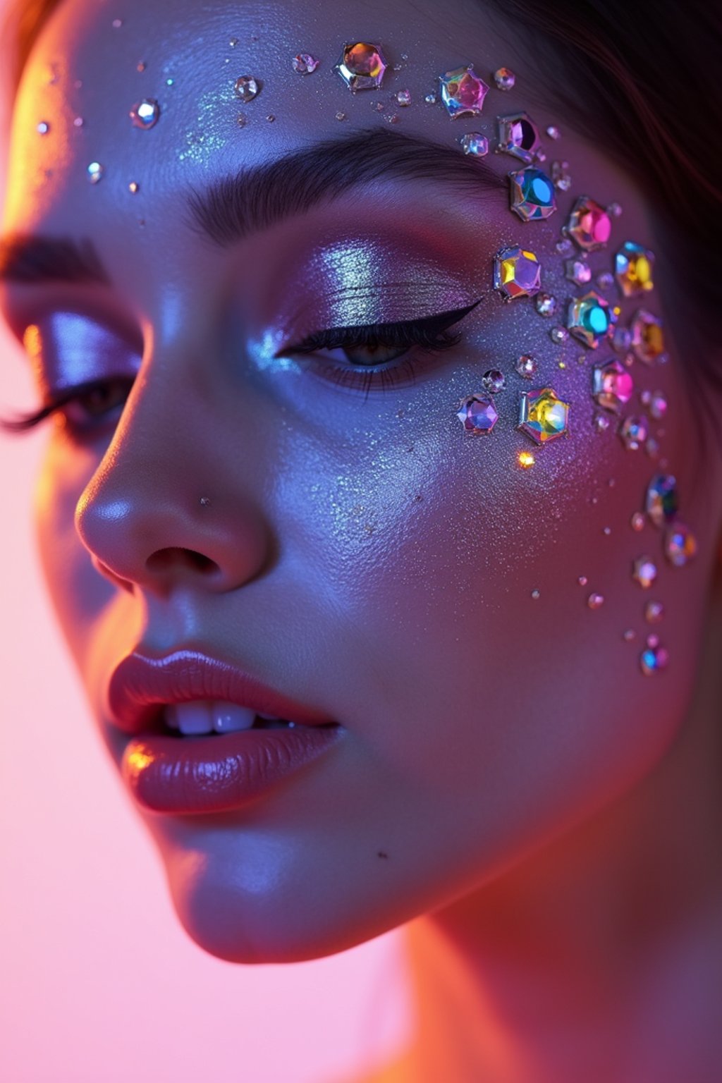 close-up of Artistic makeup with face jewels and iridescent highlighter, captured under a UV light for a glowing effect. set against a soft, pastel background