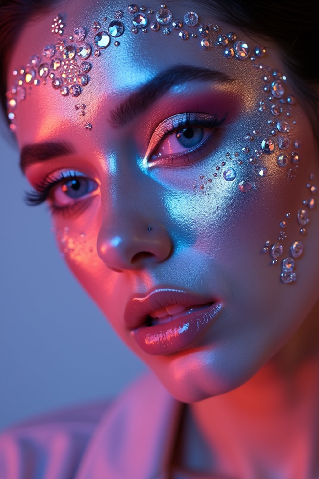 close-up of Artistic makeup with face jewels and iridescent highlighter, captured under a UV light for a glowing effect. set against a soft, pastel background