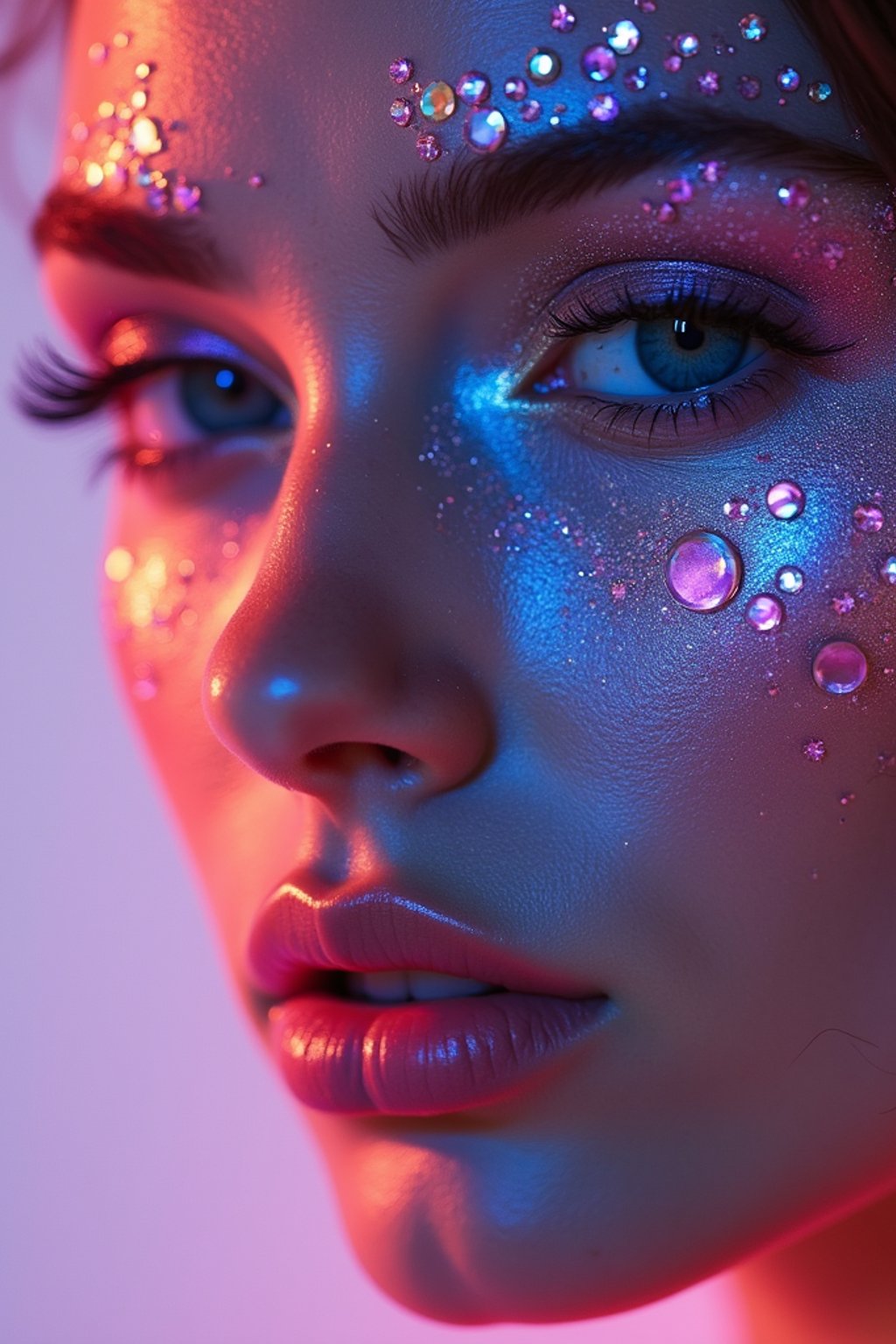 close-up of Artistic makeup with face jewels and iridescent highlighter, captured under a UV light for a glowing effect. set against a soft, pastel background