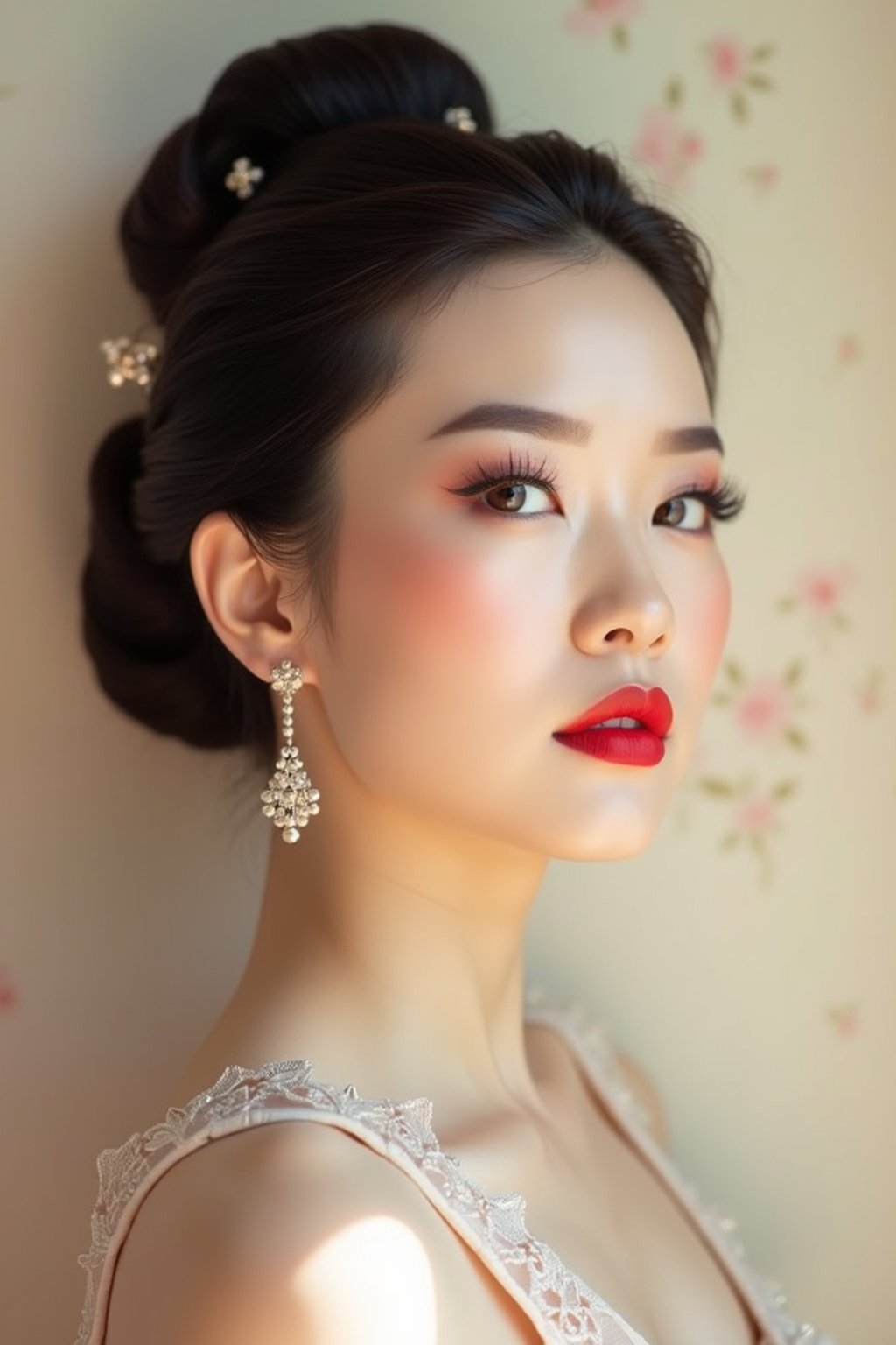 close-up of Elegant profile shot of a woman with classic Hollywood makeup, featuring bold eyebrows and red lips. set against a soft, pastel background