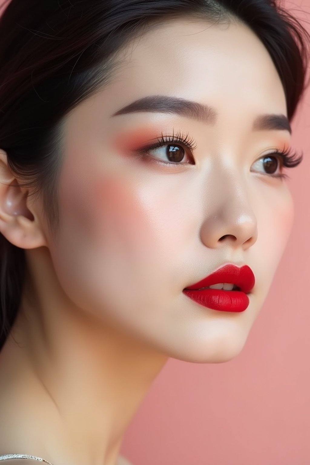 close-up of Elegant profile shot of a woman with classic Hollywood makeup, featuring bold eyebrows and red lips. set against a soft, pastel background