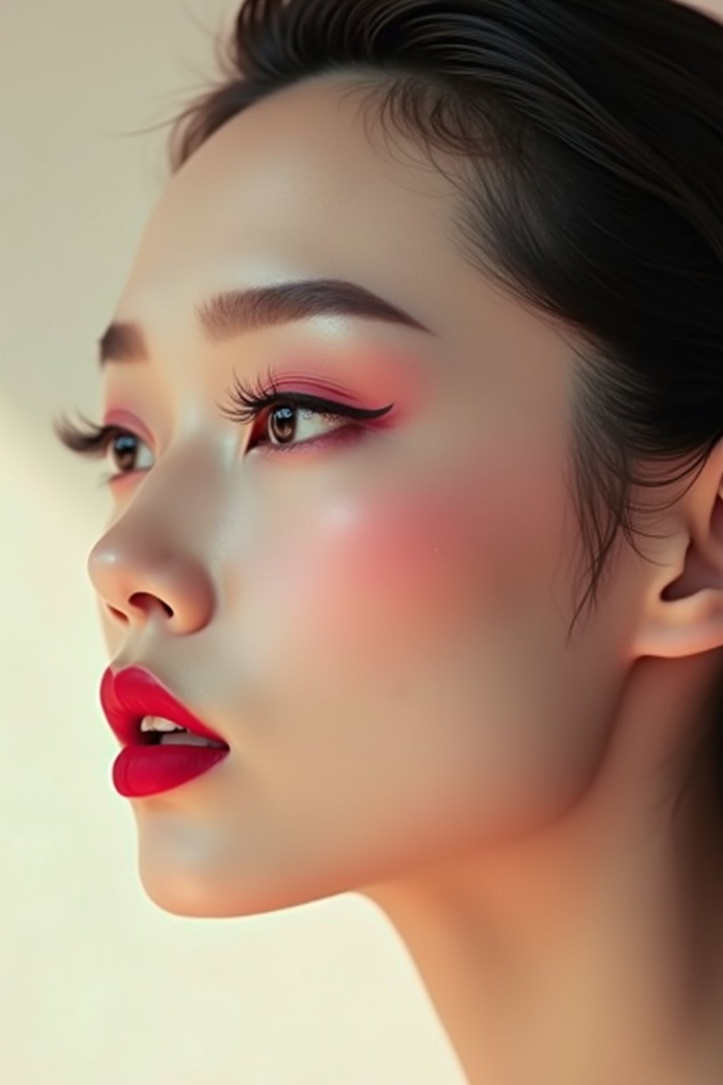 close-up of Elegant profile shot of a woman with classic Hollywood makeup, featuring bold eyebrows and red lips. set against a soft, pastel background