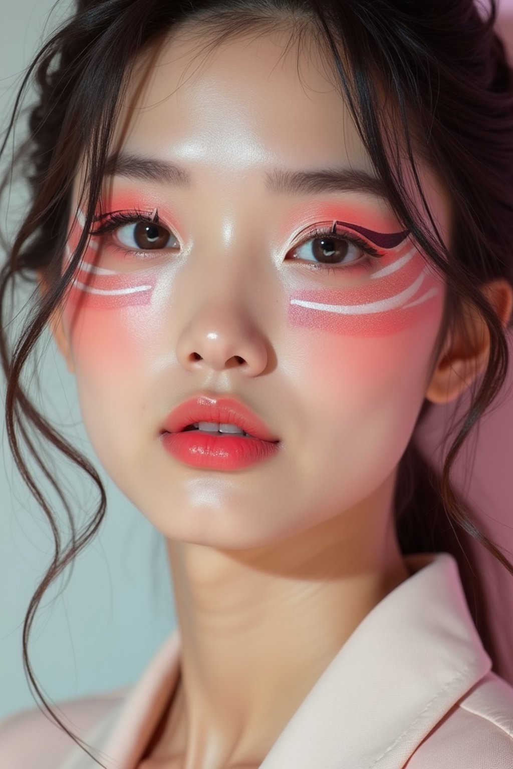 close-up of Model with an avant-garde makeup look, including graphic eyeliner shapes and vibrant cheek colors. set against a soft, pastel background