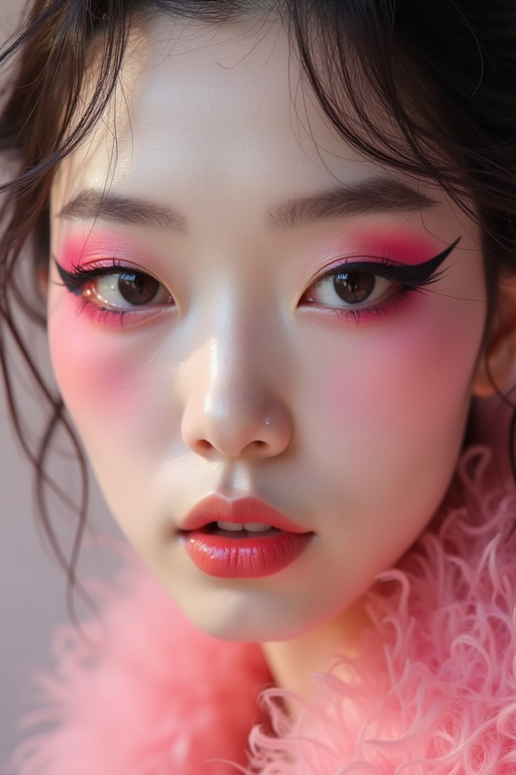 close-up of Model with an avant-garde makeup look, including graphic eyeliner shapes and vibrant cheek colors. set against a soft, pastel background