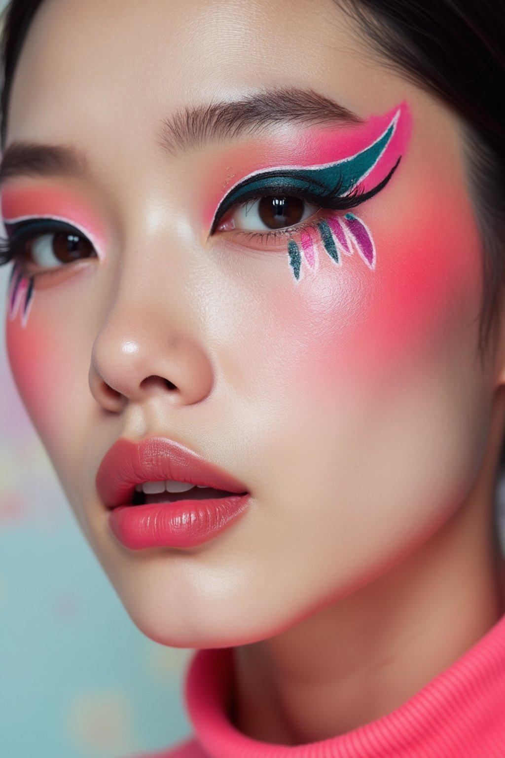 close-up of Model with an avant-garde makeup look, including graphic eyeliner shapes and vibrant cheek colors. set against a soft, pastel background