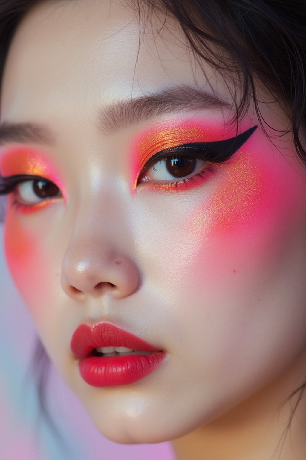 close-up of Model with an avant-garde makeup look, including graphic eyeliner shapes and vibrant cheek colors. set against a soft, pastel background