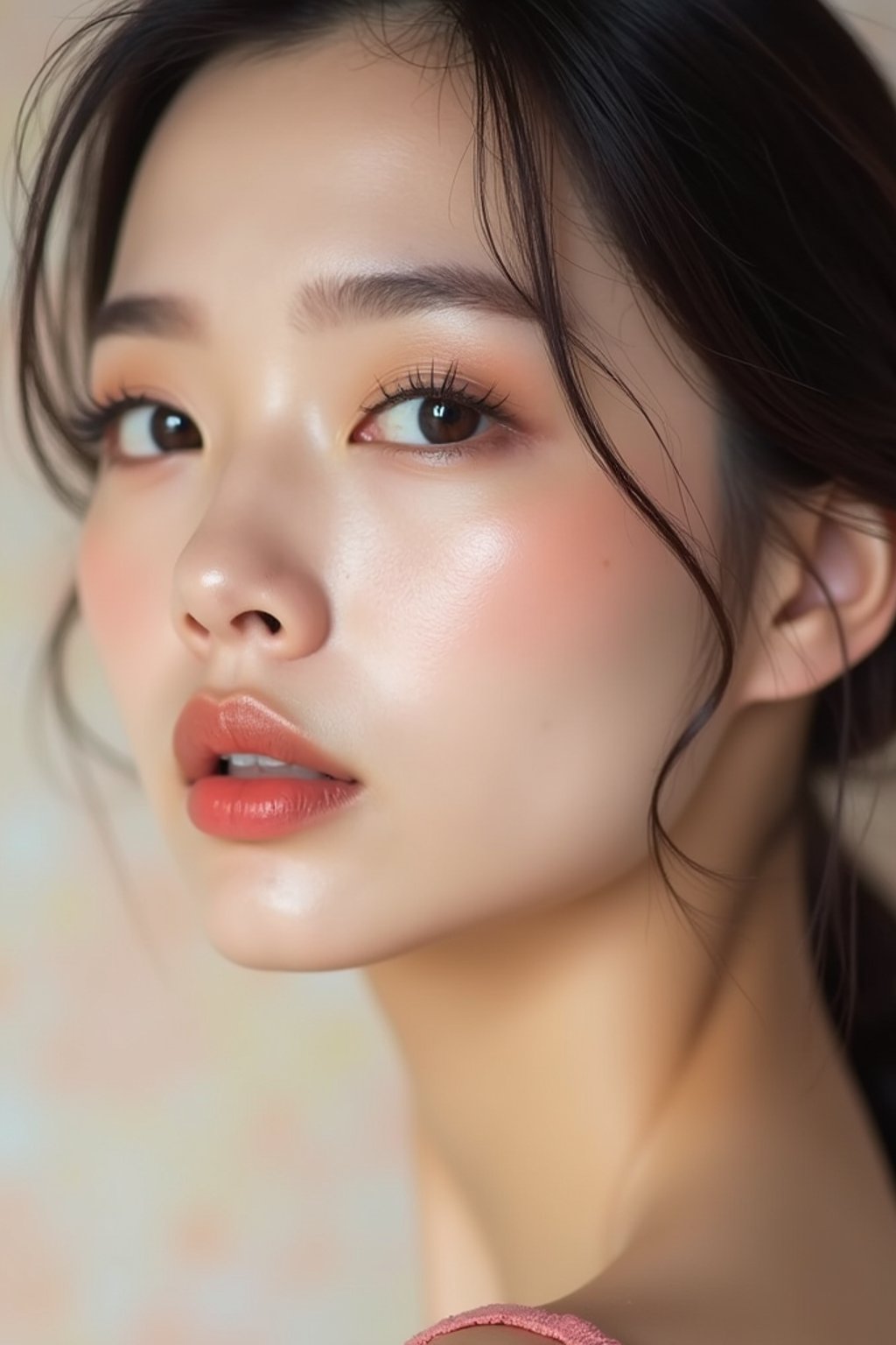 close-up of Beauty shot of woman featuring dewy skin, natural makeup look with nude lips and fluttery lashes. set against a soft, pastel background