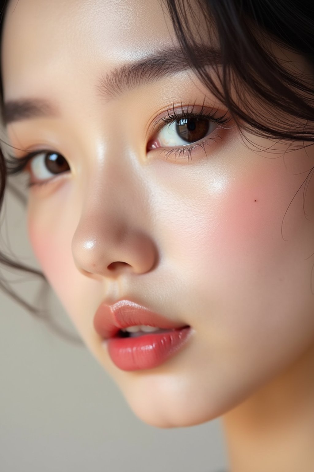 close-up of Beauty shot of woman featuring dewy skin, natural makeup look with nude lips and fluttery lashes. set against a soft, pastel background