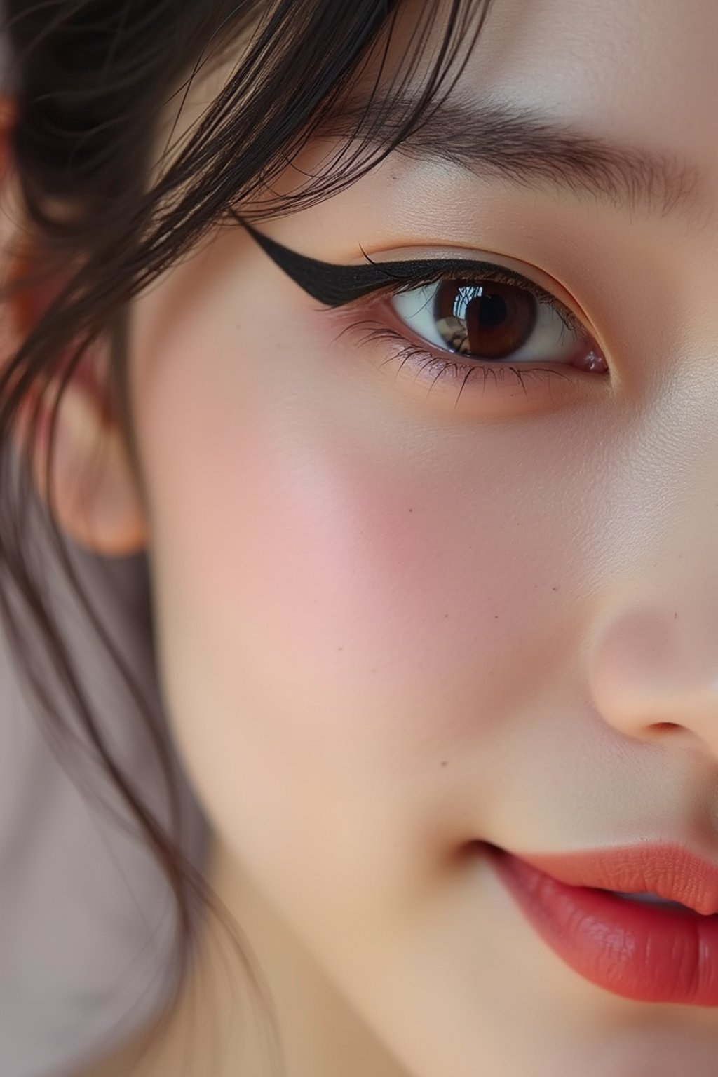 close-up of Model sporting winged eyeliner and matte skin finish. set against a soft, pastel background