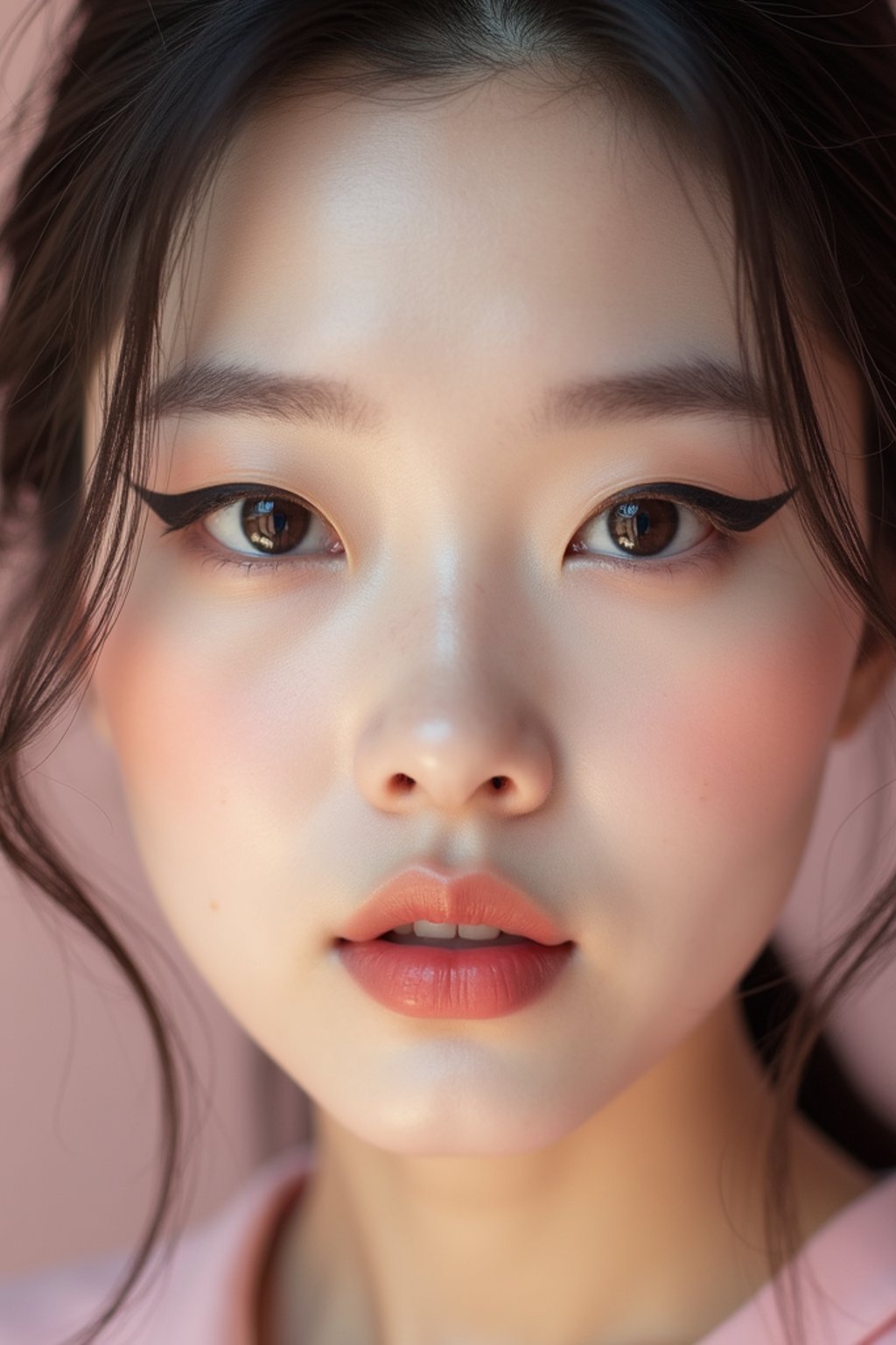 close-up of Model sporting winged eyeliner and matte skin finish. set against a soft, pastel background