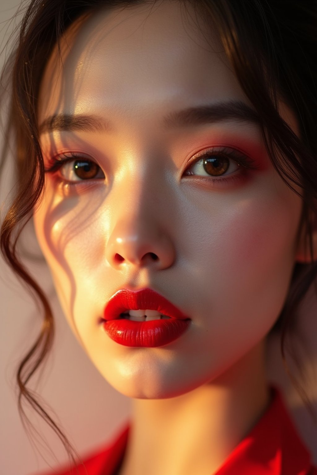 close-up of Model with a bold red lipstick and smokey eye makeup, her face half-lit in dramatic lighting. set against a soft, pastel background