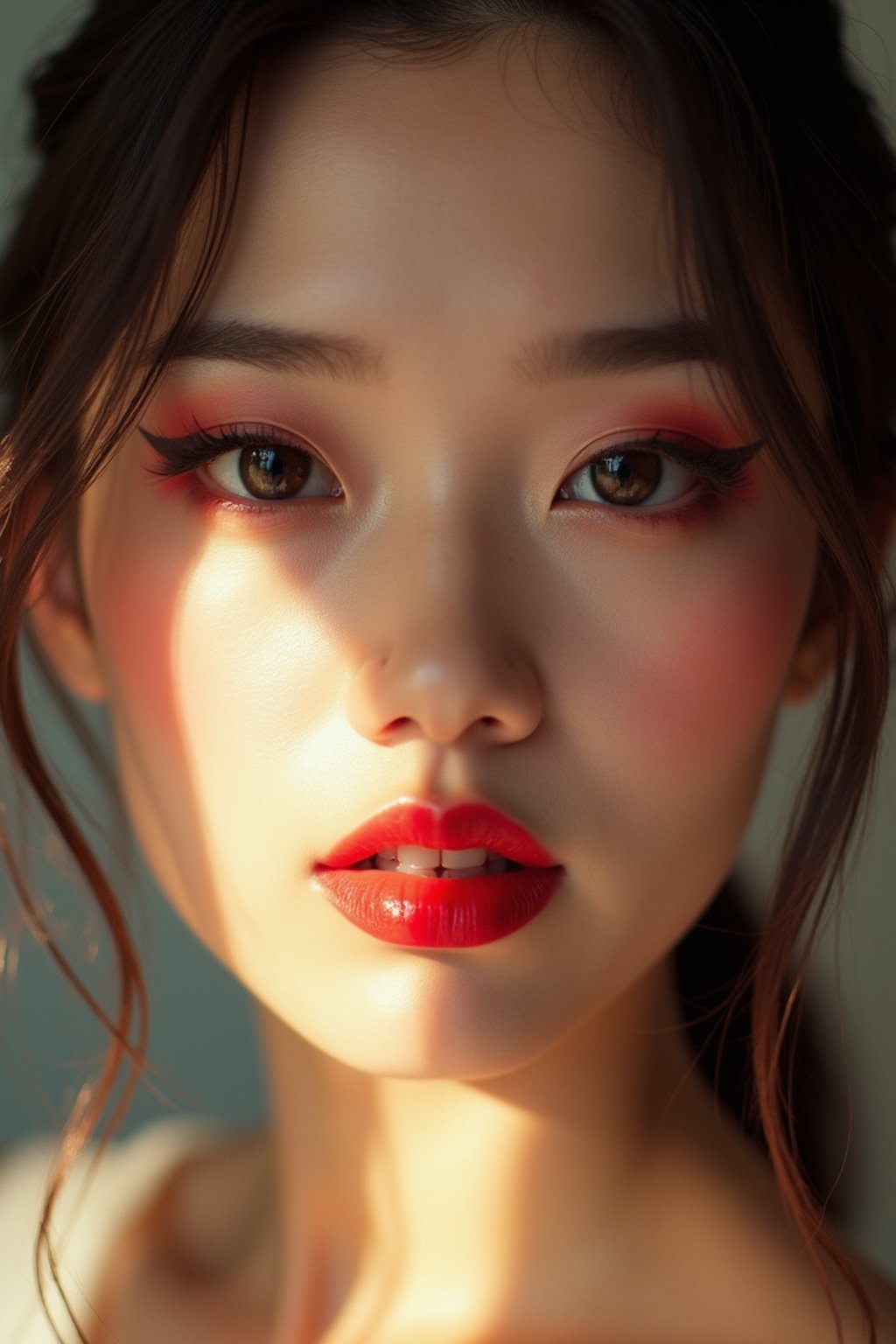 close-up of Model with a bold red lipstick and smokey eye makeup, her face half-lit in dramatic lighting. set against a soft, pastel background