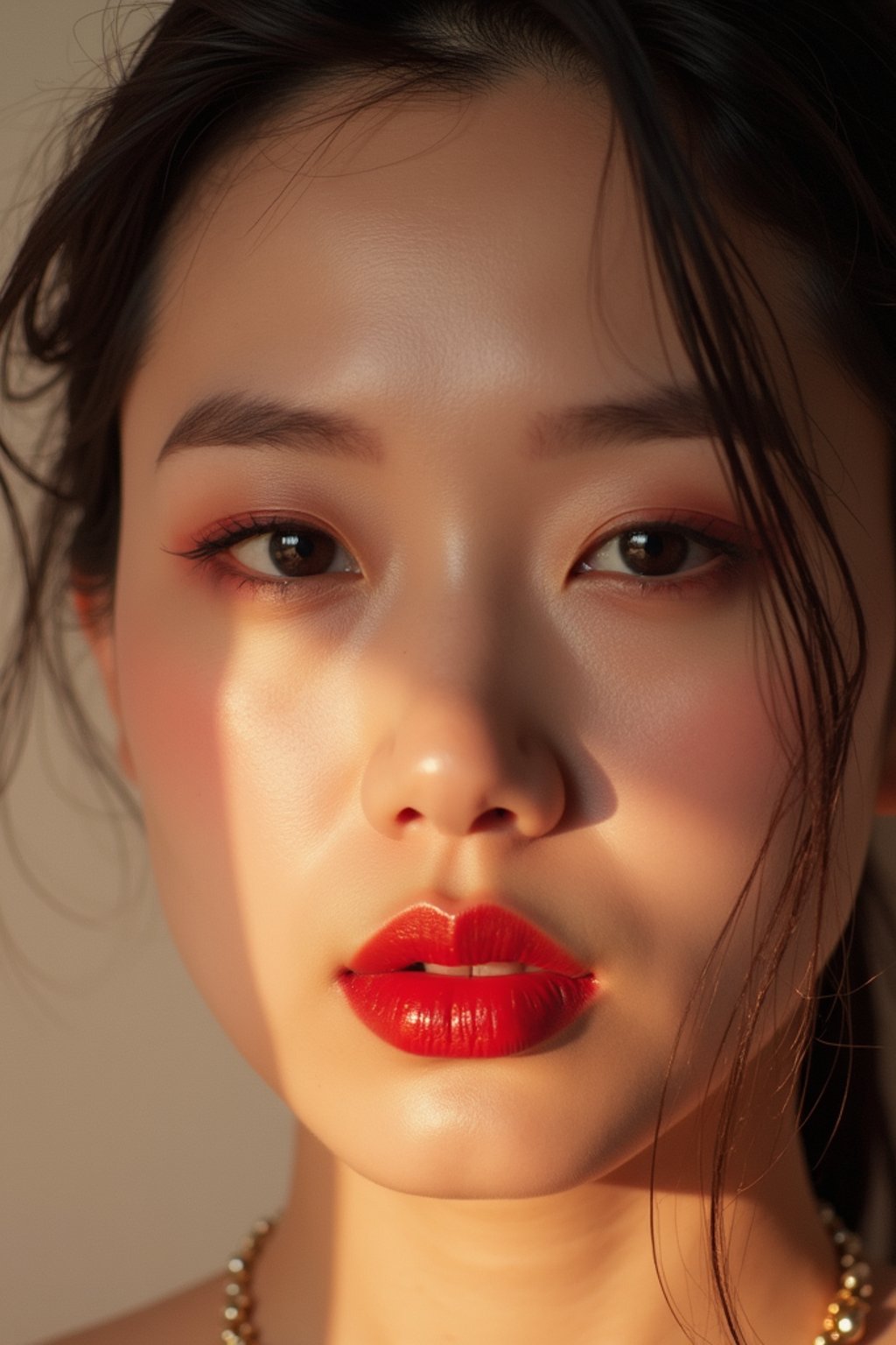 close-up of Model with a bold red lipstick and smokey eye makeup, her face half-lit in dramatic lighting. set against a soft, pastel background