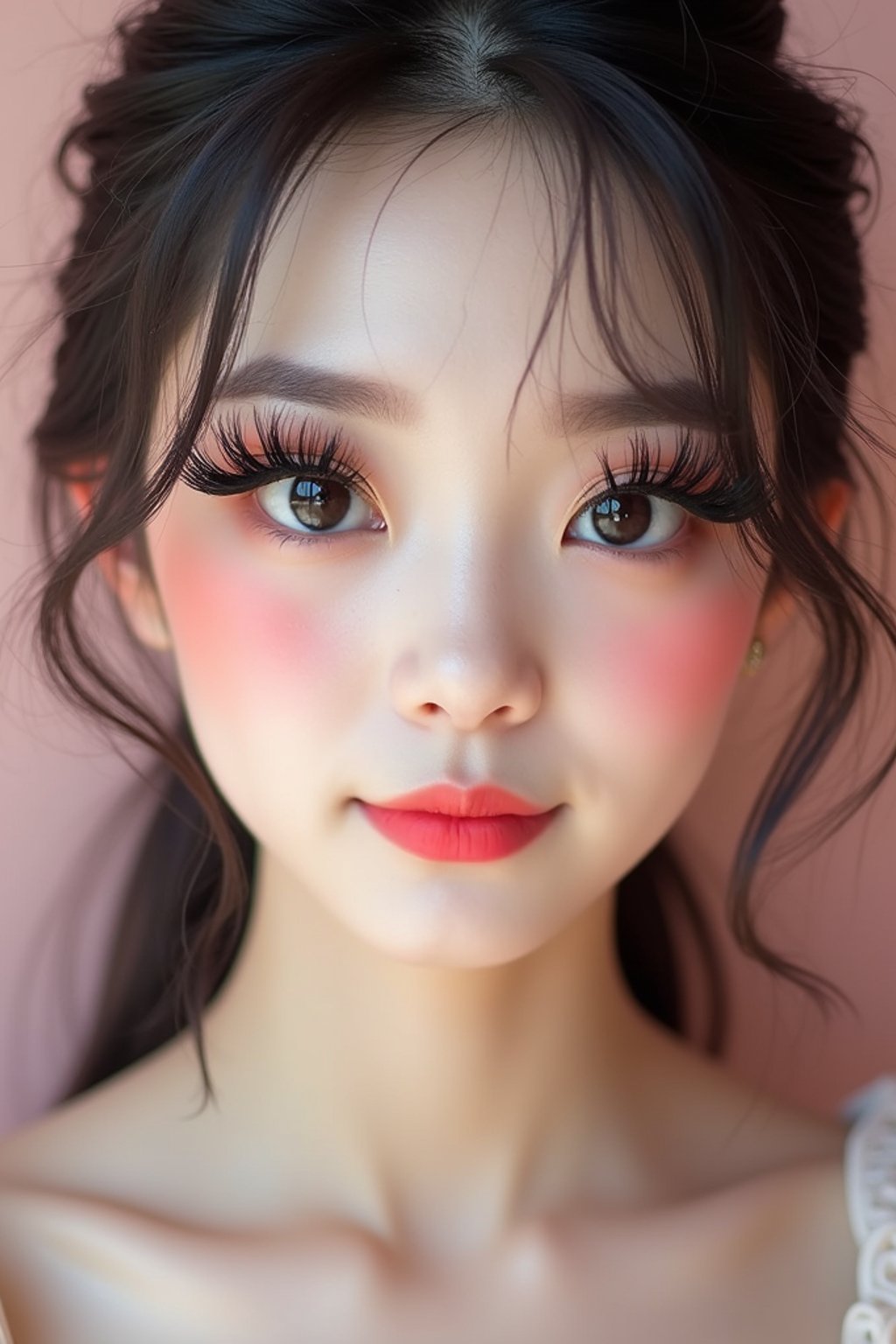 close-up of woman showcasing an Korean-style manga makeup look on woman, featuring oversized, dramatically long eyelashes that create a wide-eyed, whimsical appearance. The look is completed with bold, graphic eyeliner and a subtle blush to enhance the youthful and playful vibe. set against a soft, pastel background