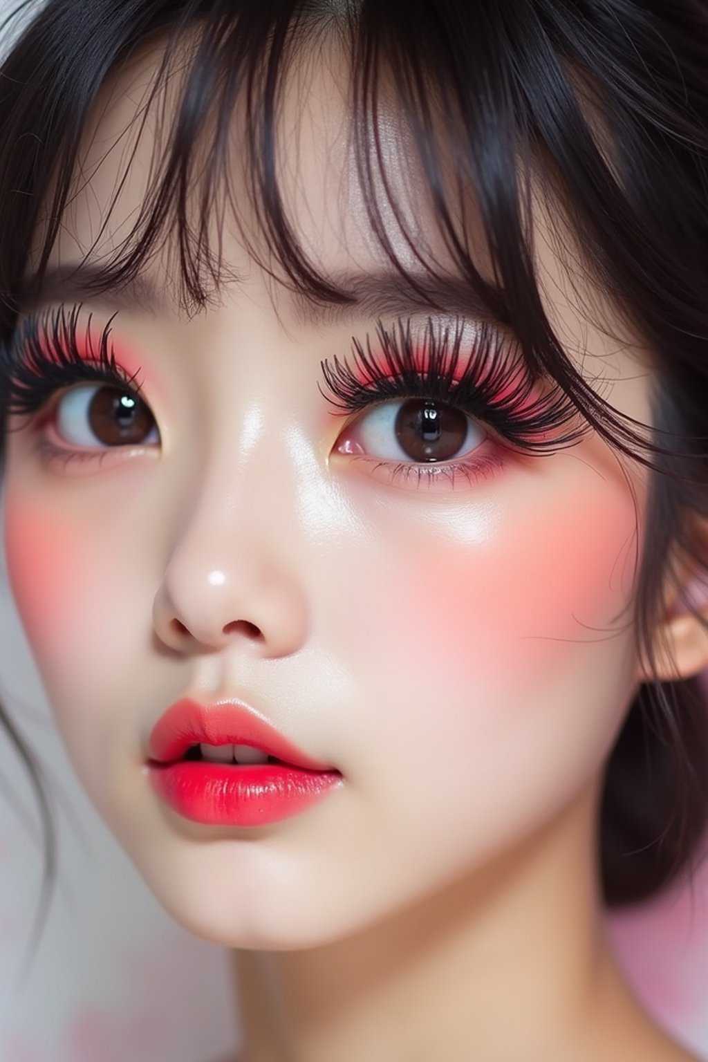 close-up of woman showcasing an Korean-style manga makeup look on woman, featuring oversized, dramatically long eyelashes that create a wide-eyed, whimsical appearance. The look is completed with bold, graphic eyeliner and a subtle blush to enhance the youthful and playful vibe. set against a soft, pastel background