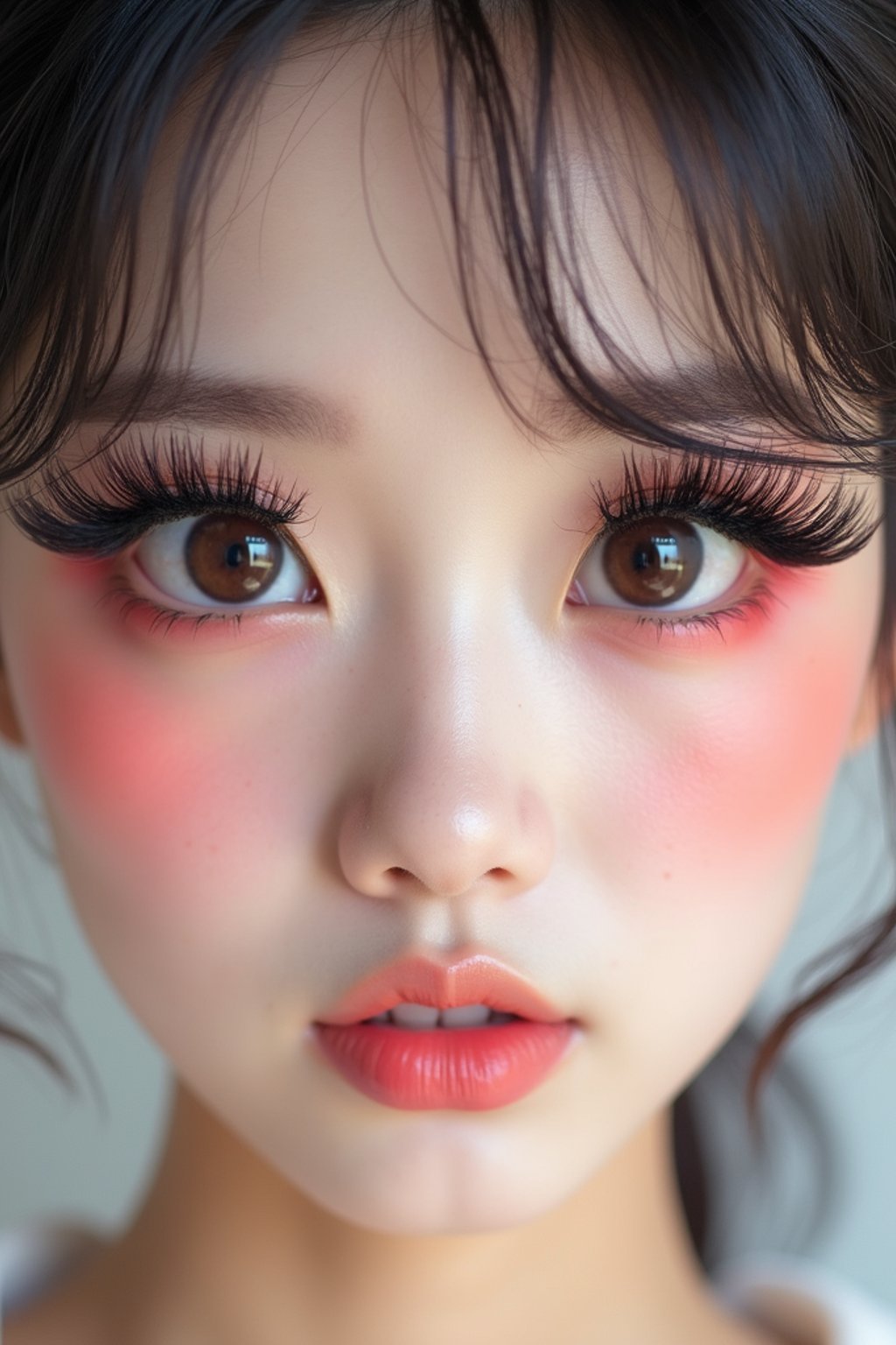 close-up of woman showcasing an Korean-style manga makeup look on woman, featuring oversized, dramatically long eyelashes that create a wide-eyed, whimsical appearance. The look is completed with bold, graphic eyeliner and a subtle blush to enhance the youthful and playful vibe. set against a soft, pastel background