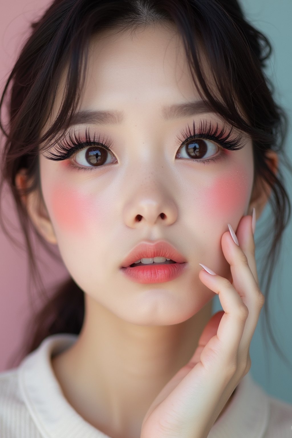 close-up of woman showcasing an Korean-style manga makeup look on woman, featuring oversized, dramatically long eyelashes that create a wide-eyed, whimsical appearance. The look is completed with bold, graphic eyeliner and a subtle blush to enhance the youthful and playful vibe. set against a soft, pastel background