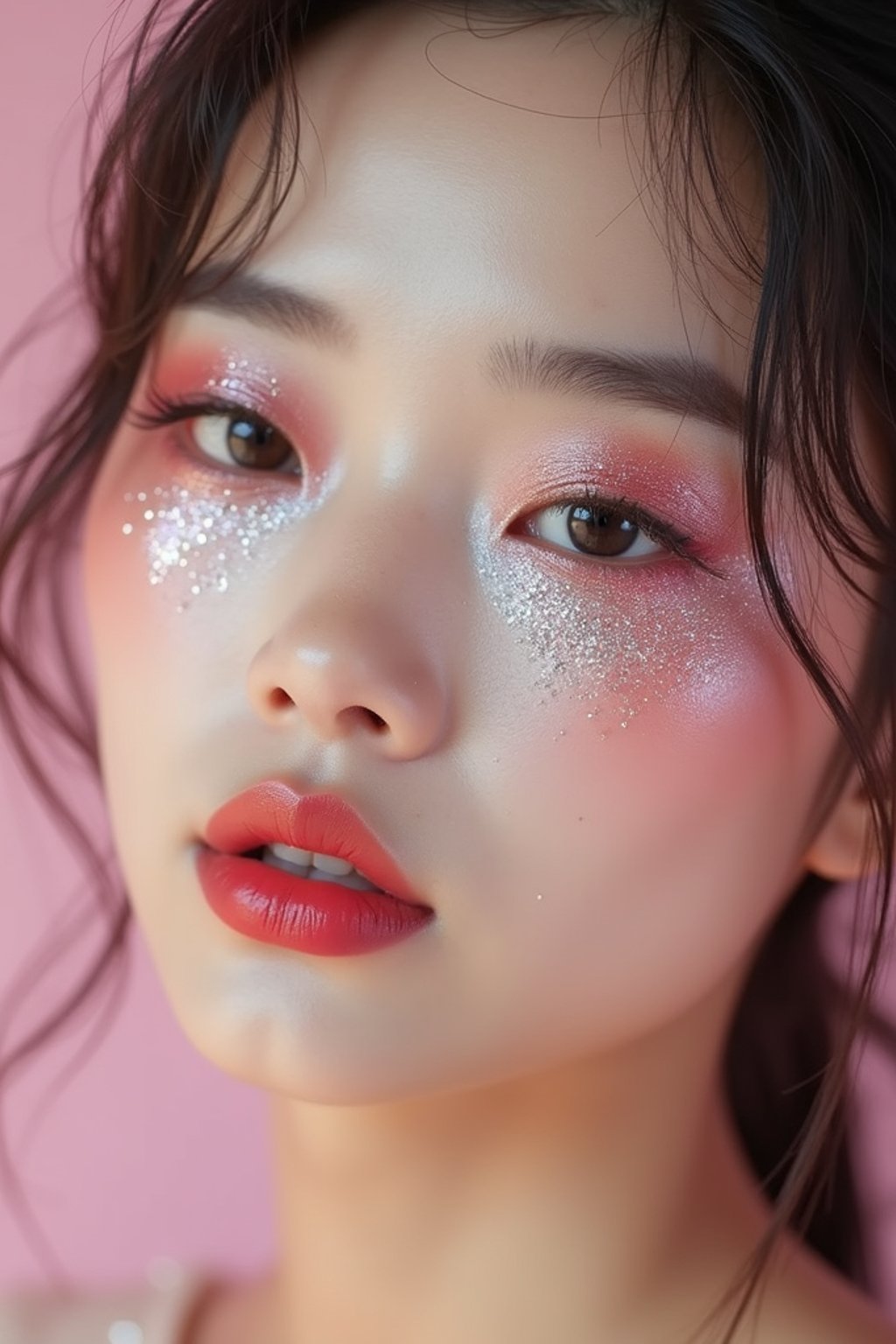 close-up of woman with glittery eye shadow and high-shine gloss, set against a soft, pastel background