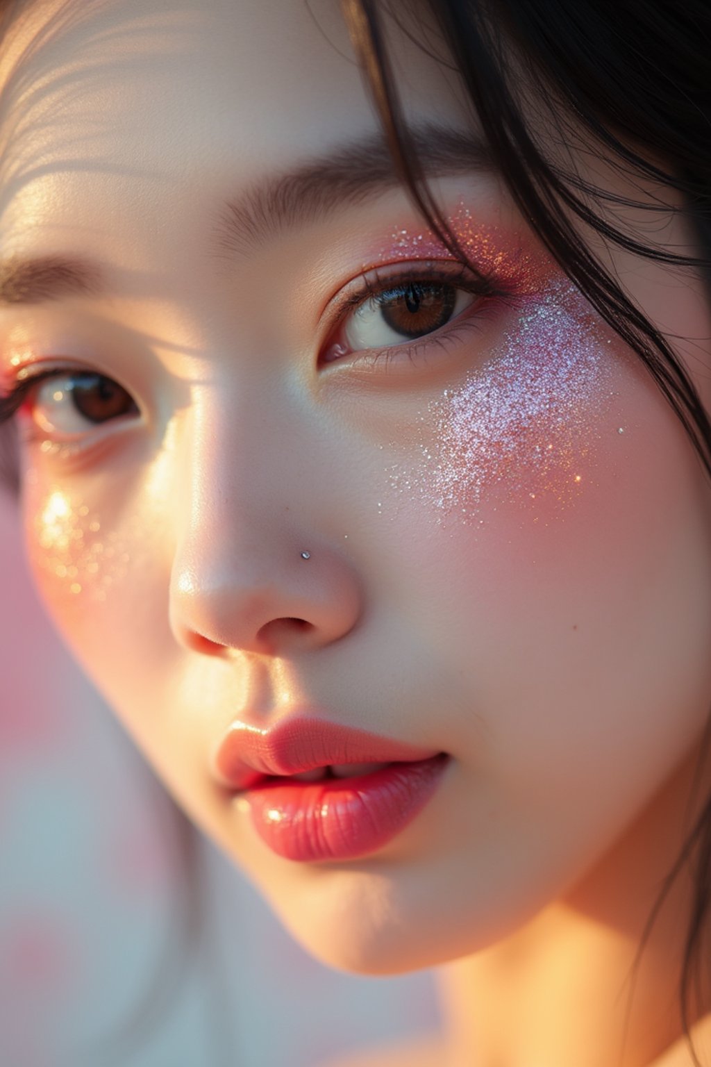 close-up of woman with glittery eye shadow and high-shine gloss, set against a soft, pastel background