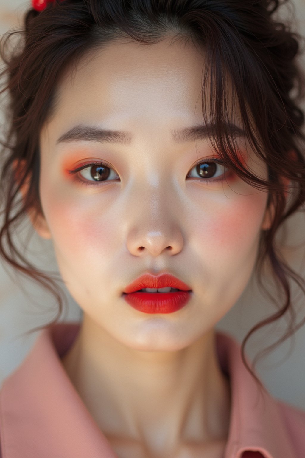 close up of woman with a bold red lipstick and smokey eye makeup. set against a soft, pastel background