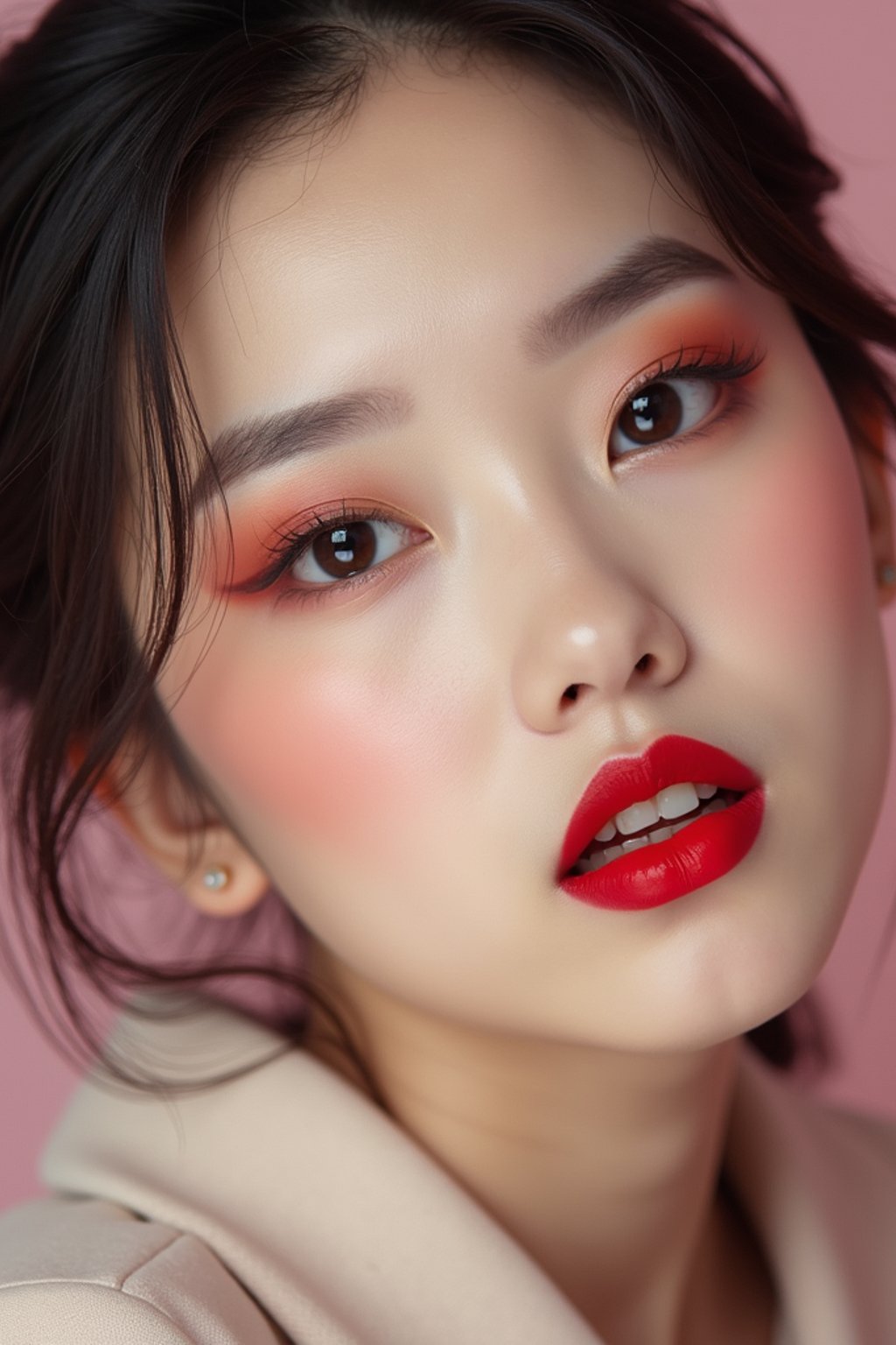 close up of woman with a bold red lipstick and smokey eye makeup. set against a soft, pastel background