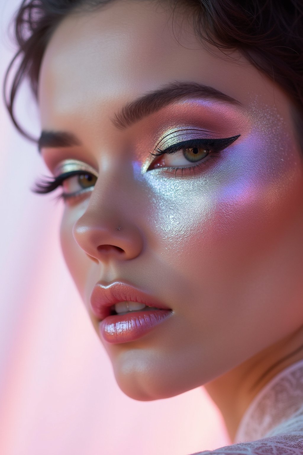 close-up of Futuristic makeup with metallic eyeshadow and sharp contouring. set against a soft, pastel background