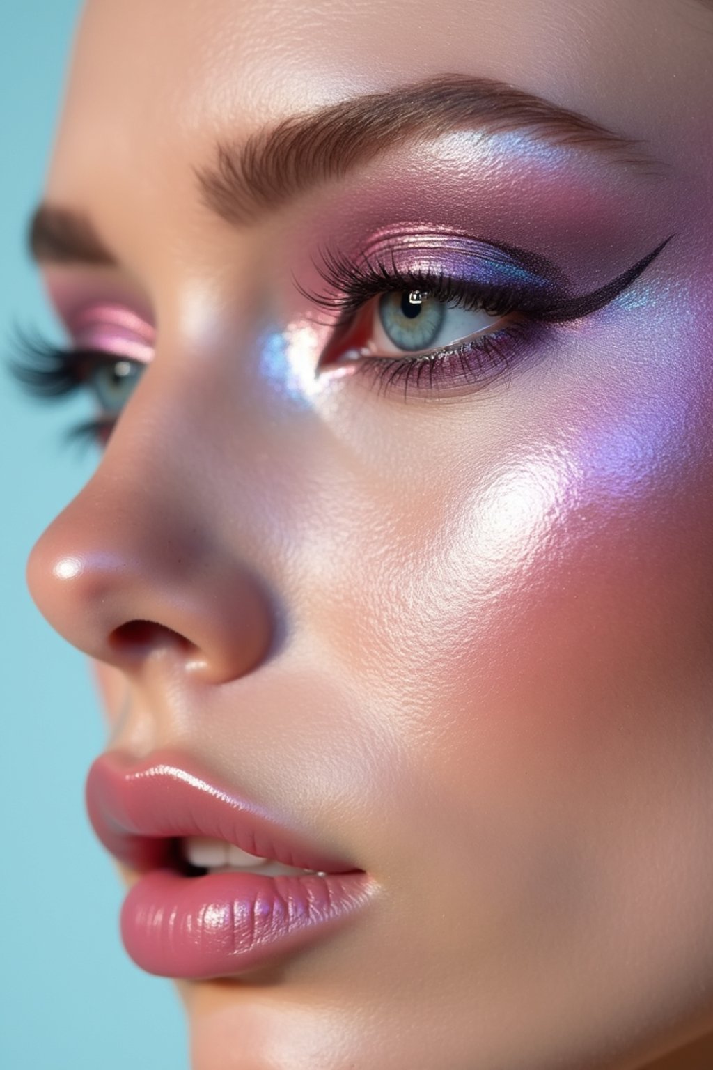 close-up of Futuristic makeup with metallic eyeshadow and sharp contouring. set against a soft, pastel background