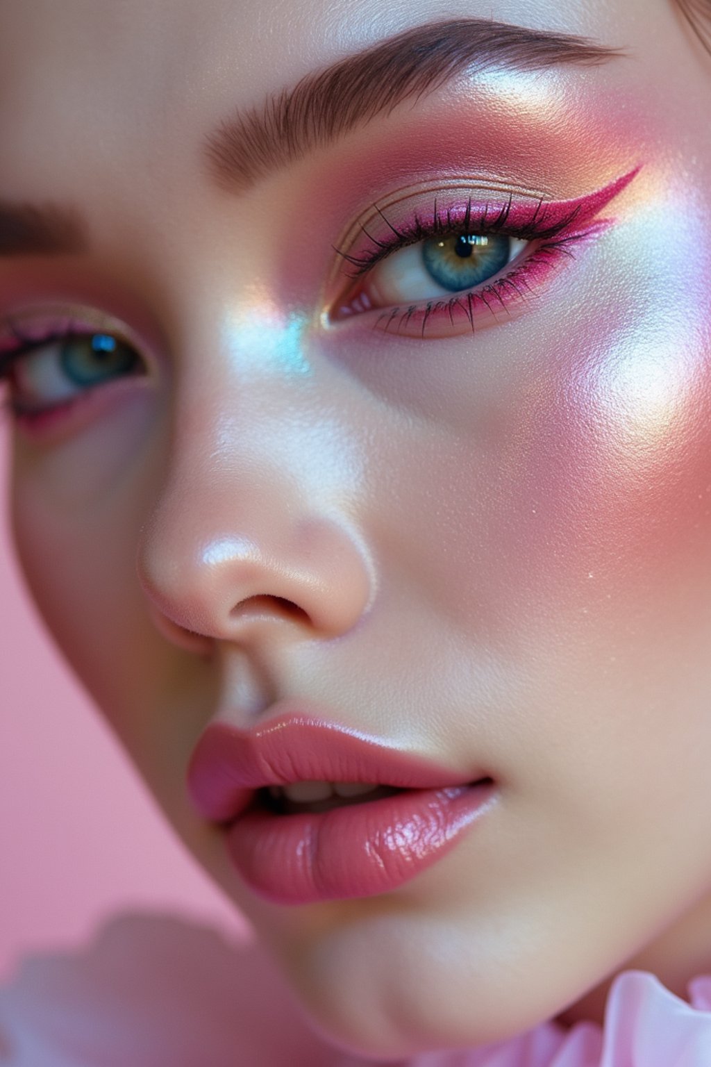 close-up of Futuristic makeup with metallic eyeshadow and sharp contouring. set against a soft, pastel background