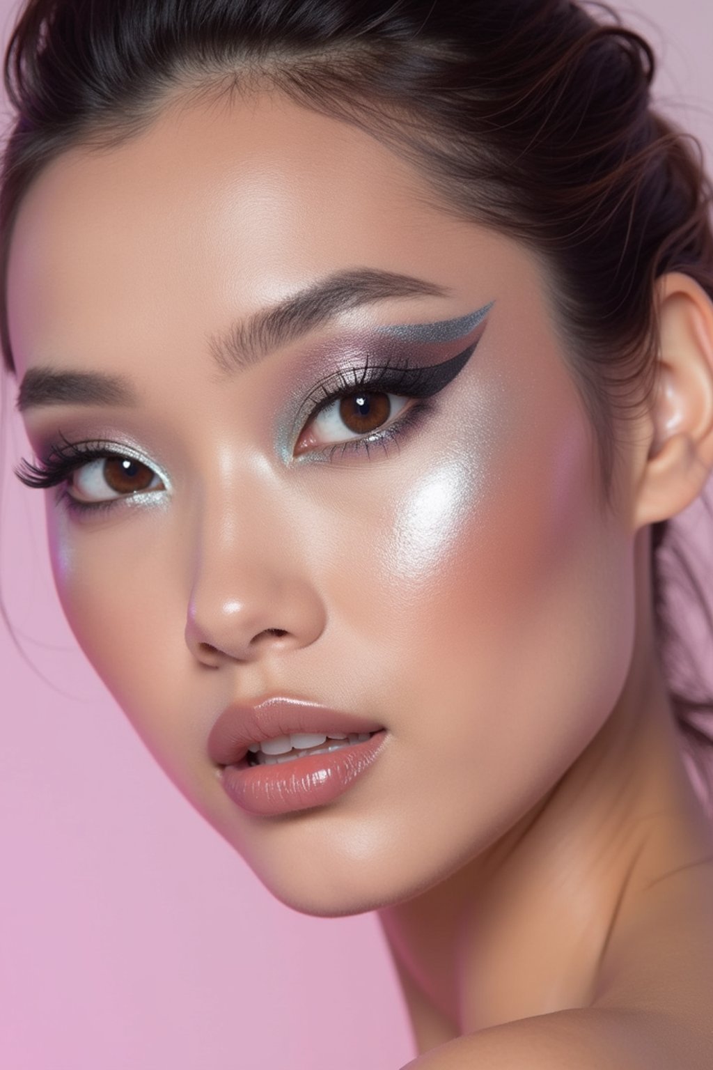 close-up of Futuristic makeup with metallic eyeshadow and sharp contouring. set against a soft, pastel background