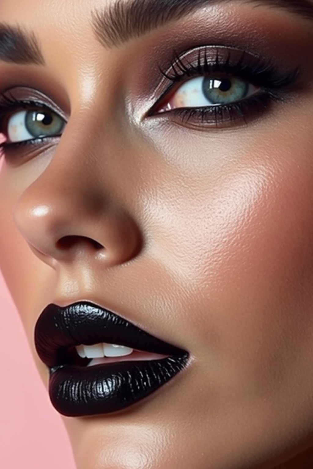 close-up of Edgy makeup look with dark, glossy lips and contoured cheeks. set against a soft, pastel background