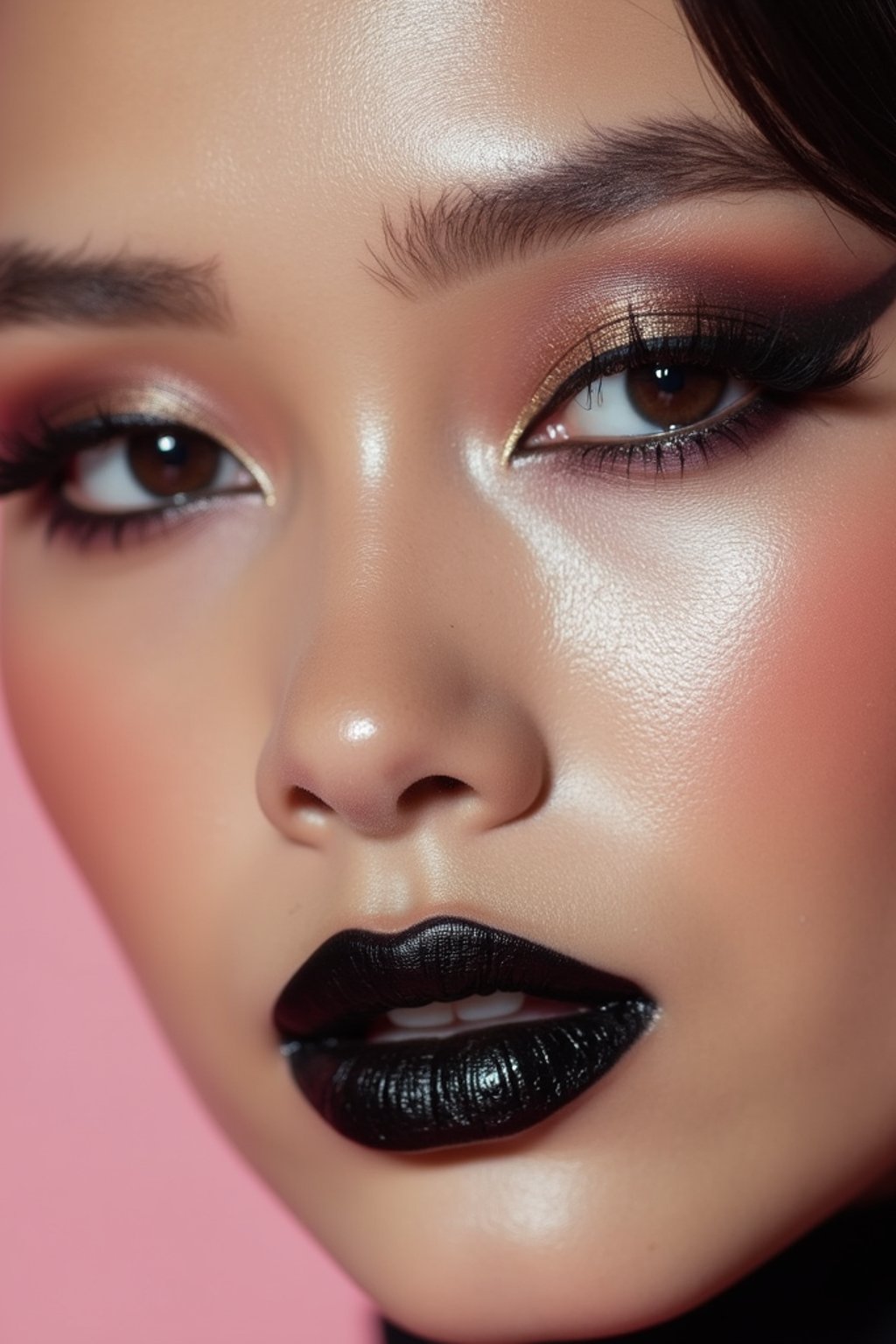 close-up of Edgy makeup look with dark, glossy lips and contoured cheeks. set against a soft, pastel background