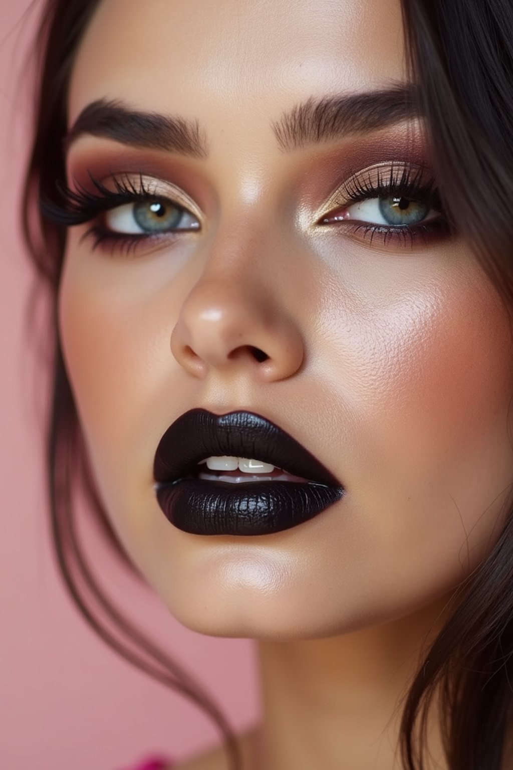 close-up of Edgy makeup look with dark, glossy lips and contoured cheeks. set against a soft, pastel background