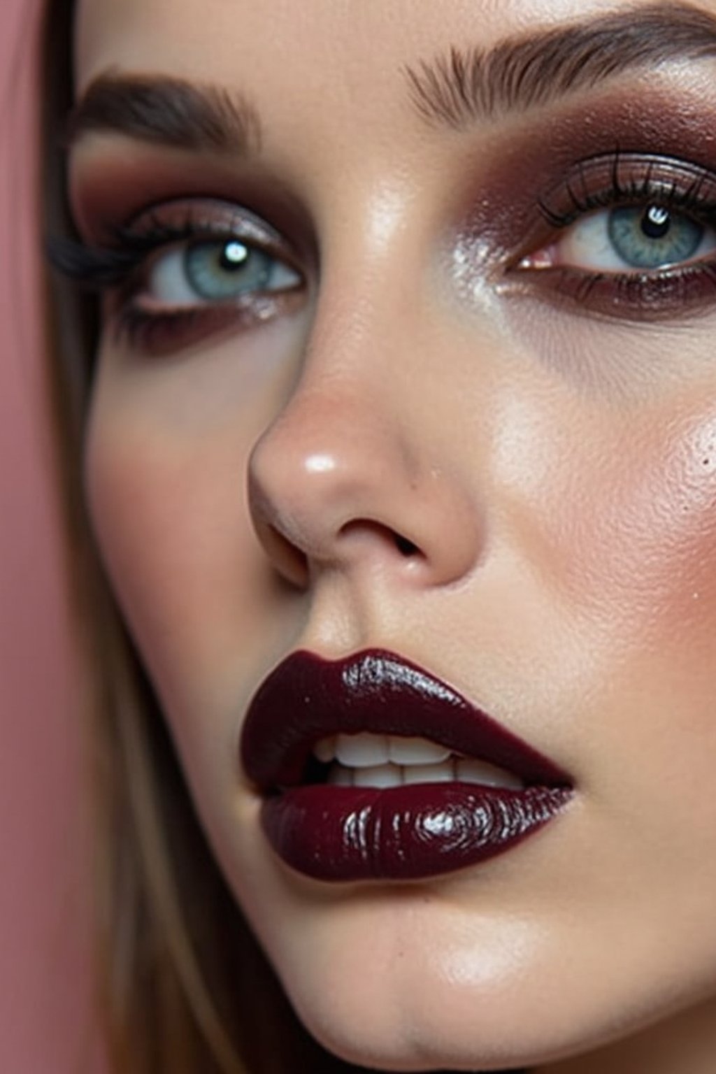 close-up of Edgy makeup look with dark, glossy lips and contoured cheeks. set against a soft, pastel background