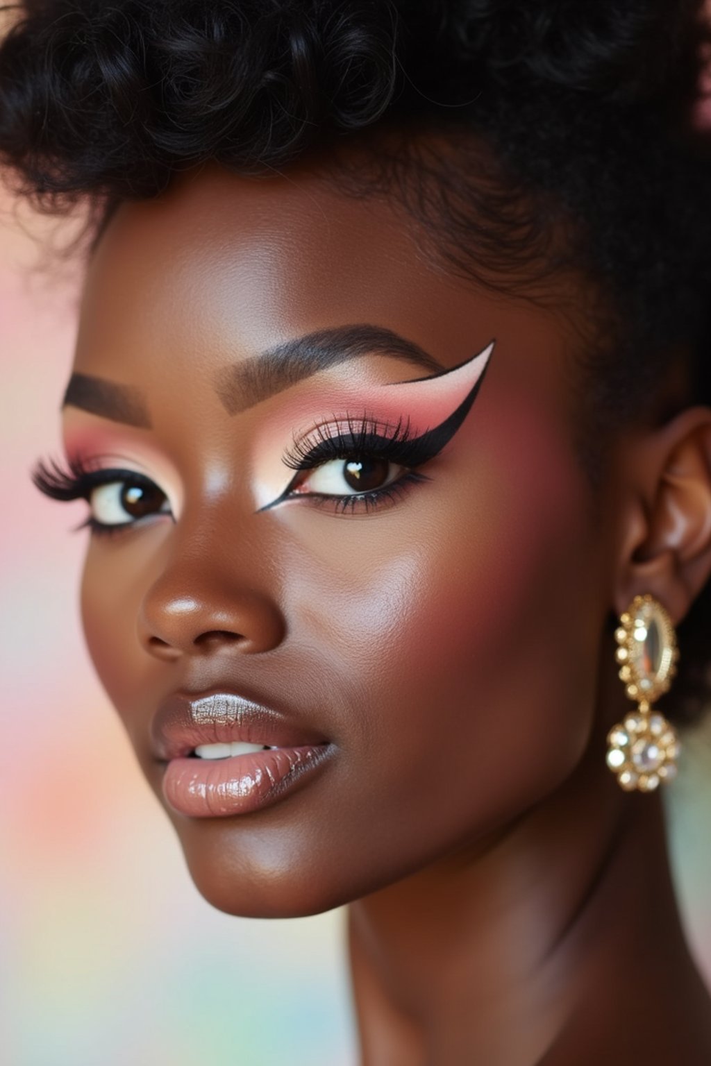 close-up of Model with a retro 60s makeup vibe, featuring thick eyeliner and pastel eyeshadow, paired with a vintage hairstyle. set against a soft, pastel background