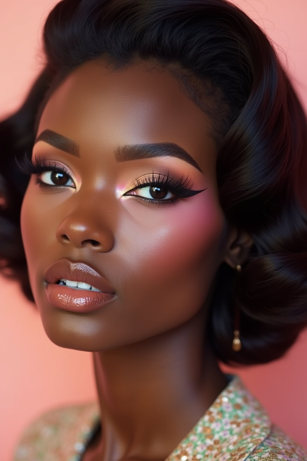 close-up of Model with a retro 60s makeup vibe, featuring thick eyeliner and pastel eyeshadow, paired with a vintage hairstyle. set against a soft, pastel background