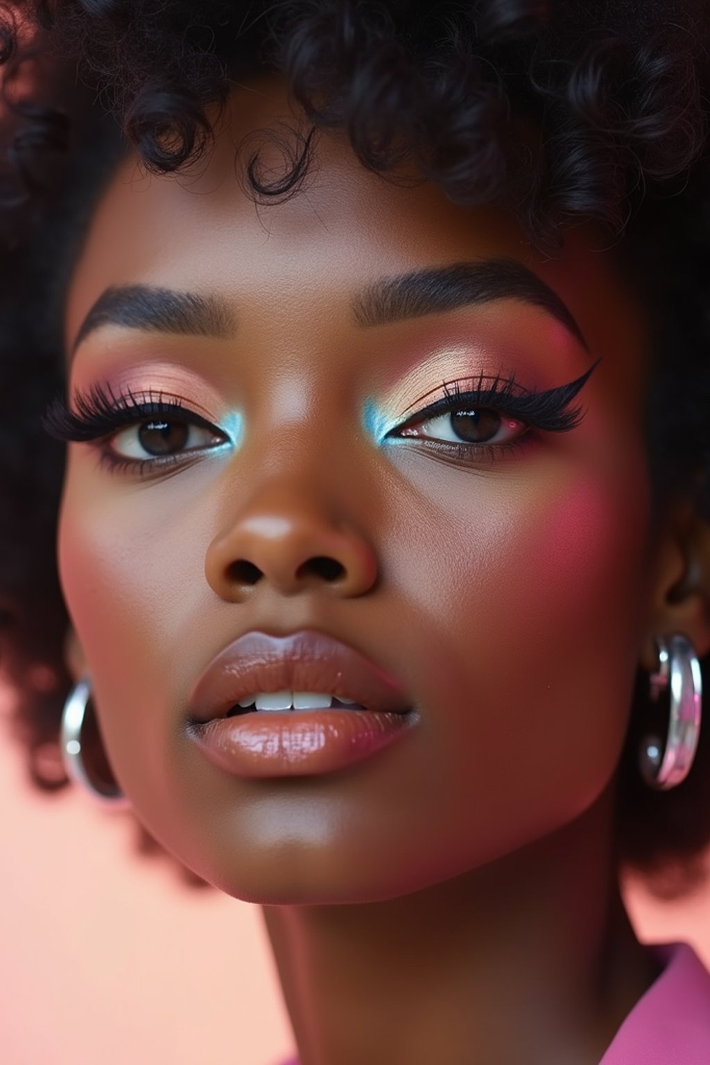 close-up of Model with a retro 60s makeup vibe, featuring thick eyeliner and pastel eyeshadow, paired with a vintage hairstyle. set against a soft, pastel background