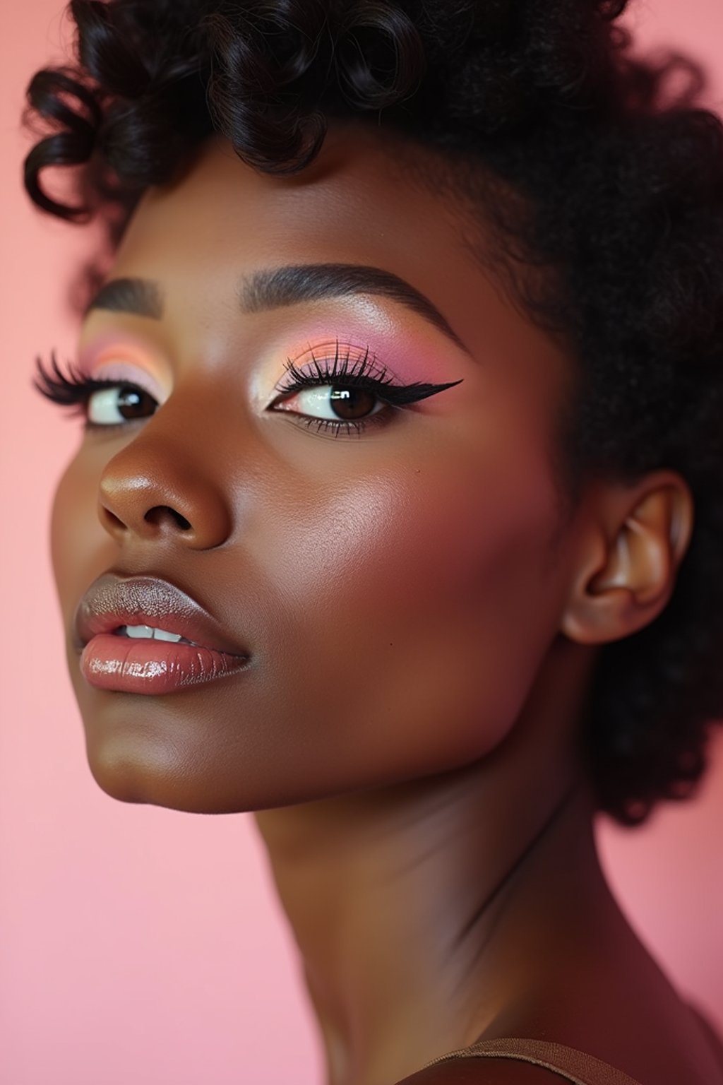 close-up of Model with a retro 60s makeup vibe, featuring thick eyeliner and pastel eyeshadow, paired with a vintage hairstyle. set against a soft, pastel background