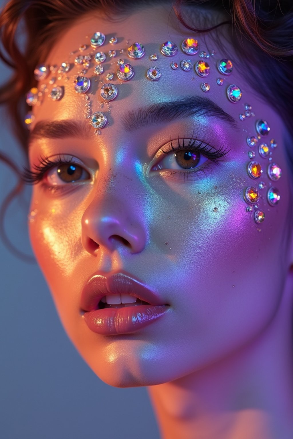 close-up of Artistic makeup with face jewels and iridescent highlighter, captured under a UV light for a glowing effect. set against a soft, pastel background