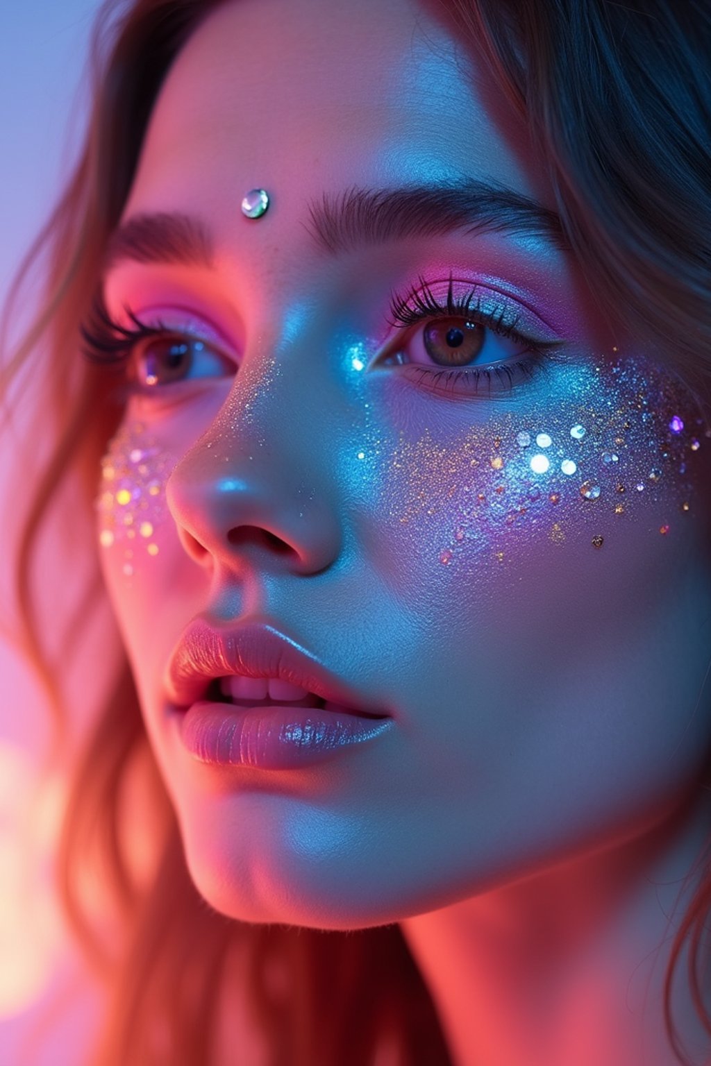 close-up of Artistic makeup with face jewels and iridescent highlighter, captured under a UV light for a glowing effect. set against a soft, pastel background