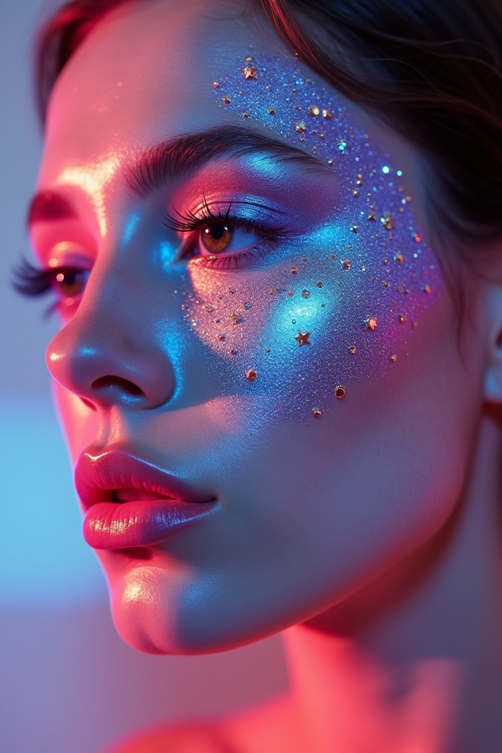 close-up of Artistic makeup with face jewels and iridescent highlighter, captured under a UV light for a glowing effect. set against a soft, pastel background