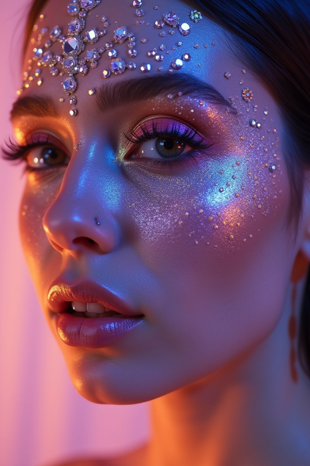 close-up of Artistic makeup with face jewels and iridescent highlighter, captured under a UV light for a glowing effect. set against a soft, pastel background