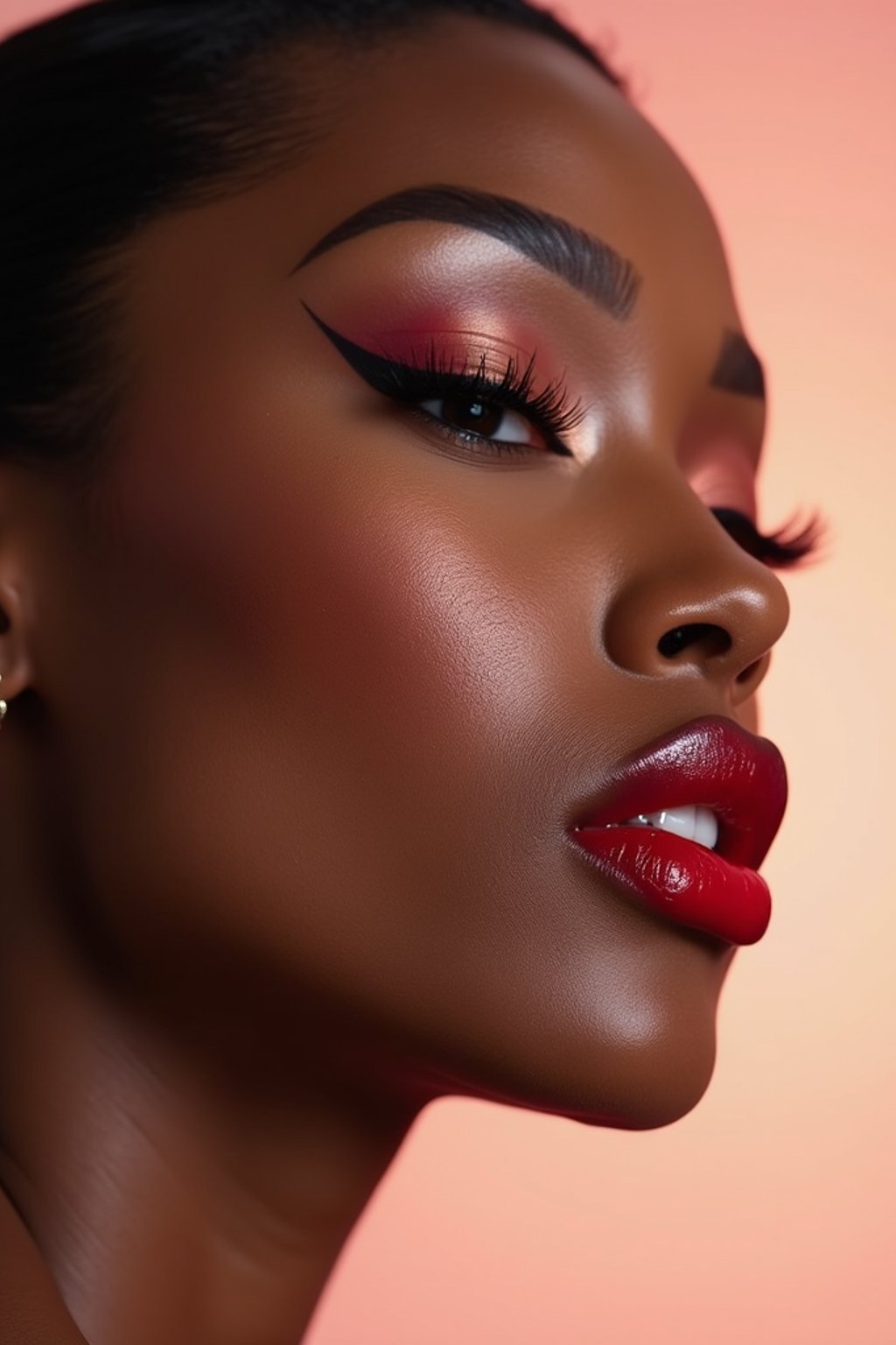 close-up of Elegant profile shot of a woman with classic Hollywood makeup, featuring bold eyebrows and red lips. set against a soft, pastel background