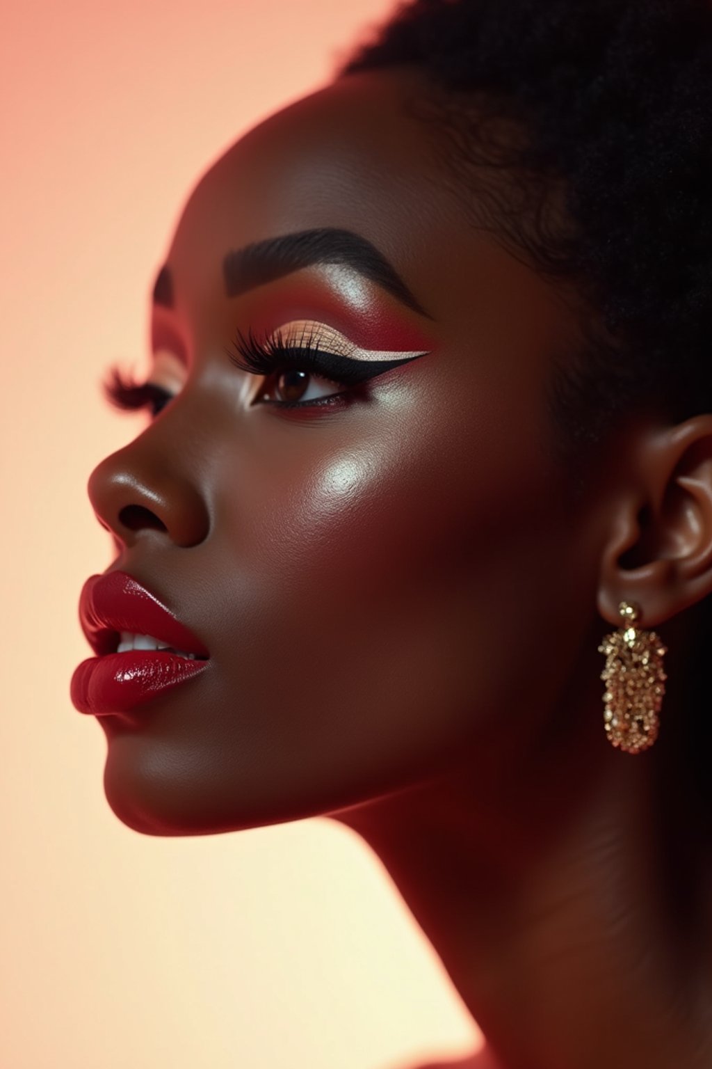 close-up of Elegant profile shot of a woman with classic Hollywood makeup, featuring bold eyebrows and red lips. set against a soft, pastel background