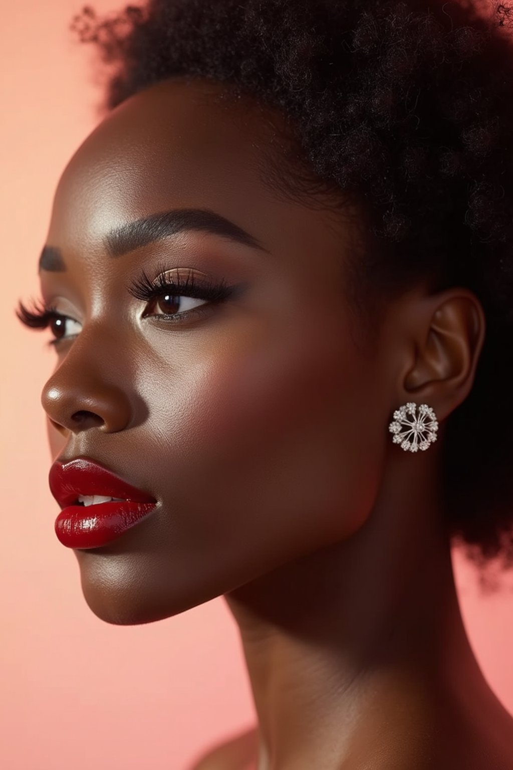 close-up of Elegant profile shot of a woman with classic Hollywood makeup, featuring bold eyebrows and red lips. set against a soft, pastel background