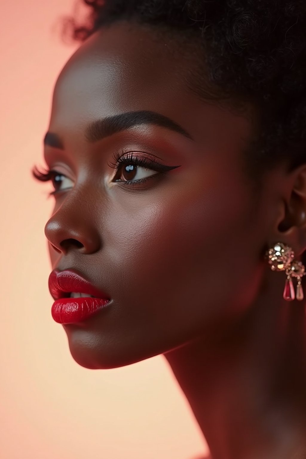 close-up of Elegant profile shot of a woman with classic Hollywood makeup, featuring bold eyebrows and red lips. set against a soft, pastel background