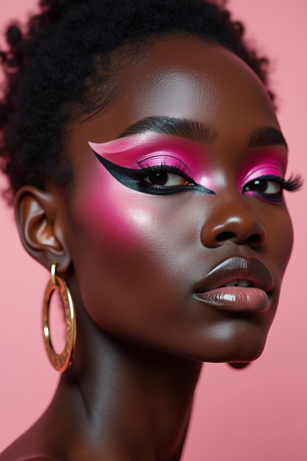 close-up of Model with an avant-garde makeup look, including graphic eyeliner shapes and vibrant cheek colors. set against a soft, pastel background