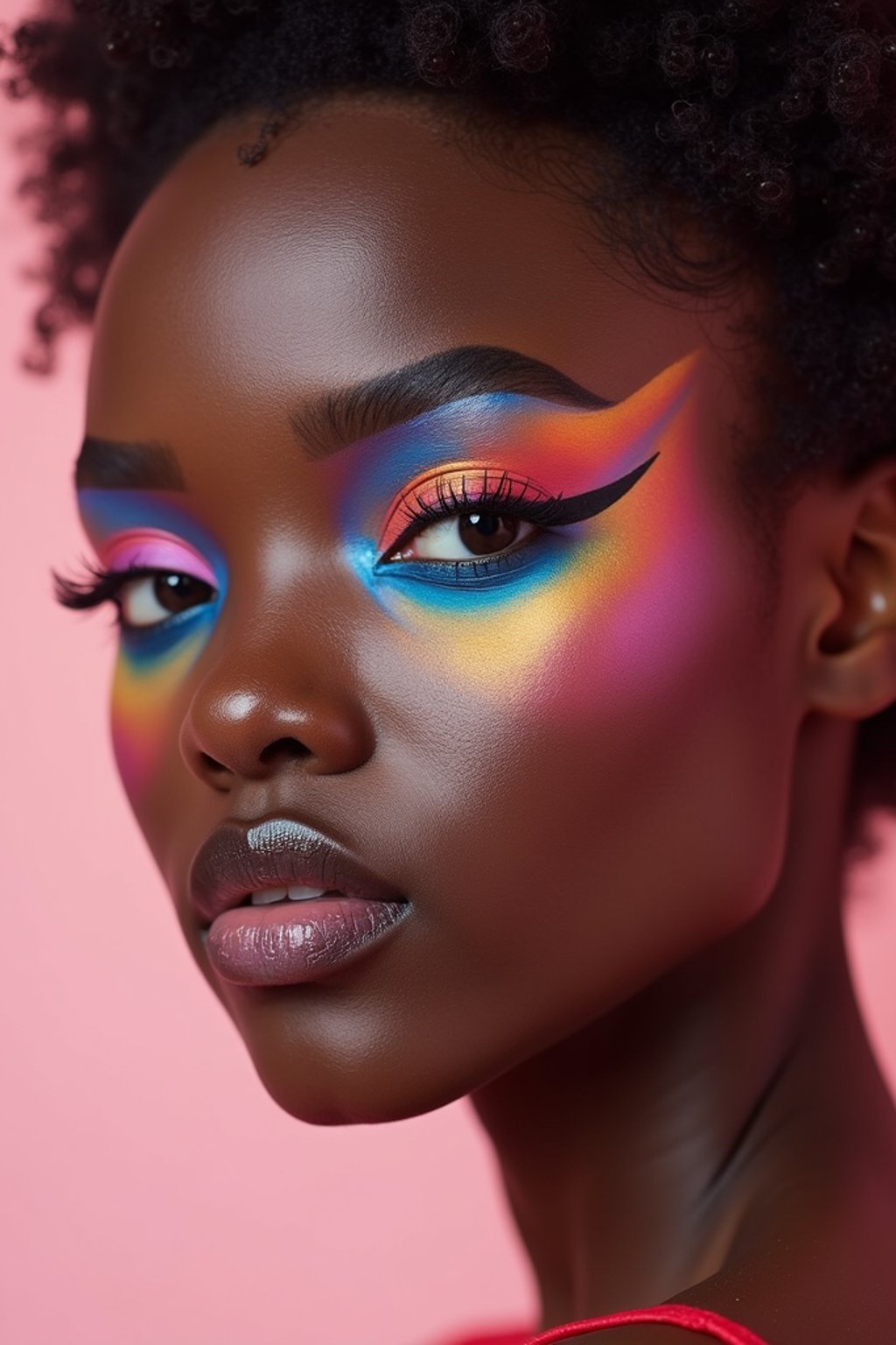 close-up of Model with an avant-garde makeup look, including graphic eyeliner shapes and vibrant cheek colors. set against a soft, pastel background