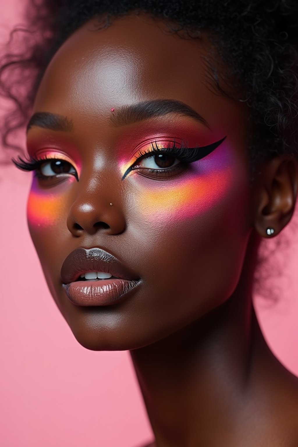 close-up of Model with an avant-garde makeup look, including graphic eyeliner shapes and vibrant cheek colors. set against a soft, pastel background